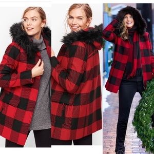FAUX FUR TRIM WOOL JACKET - BUFFALO CHECK